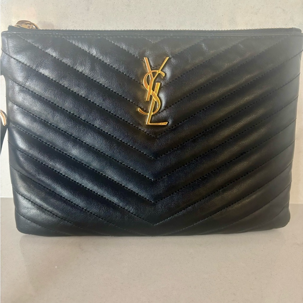 Yves Saint Laurent Black Quilted Leather Pouch Wristlet